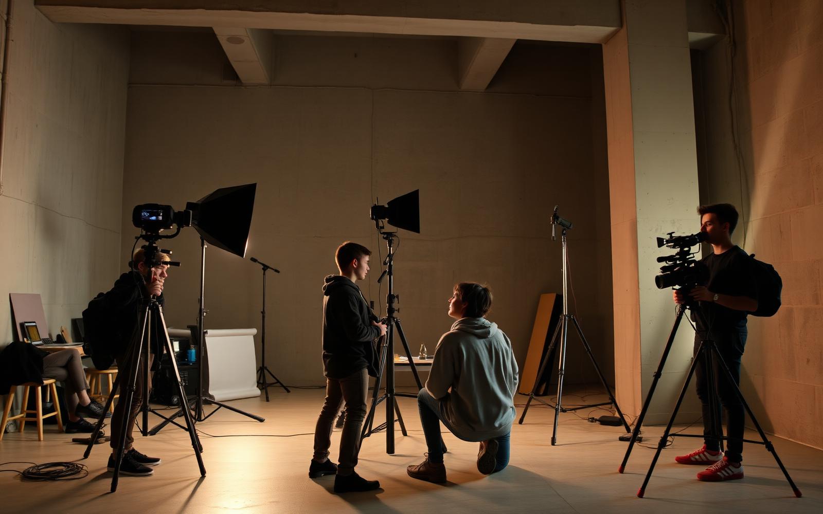 Creative team collaborating on a production set in a concrete studio