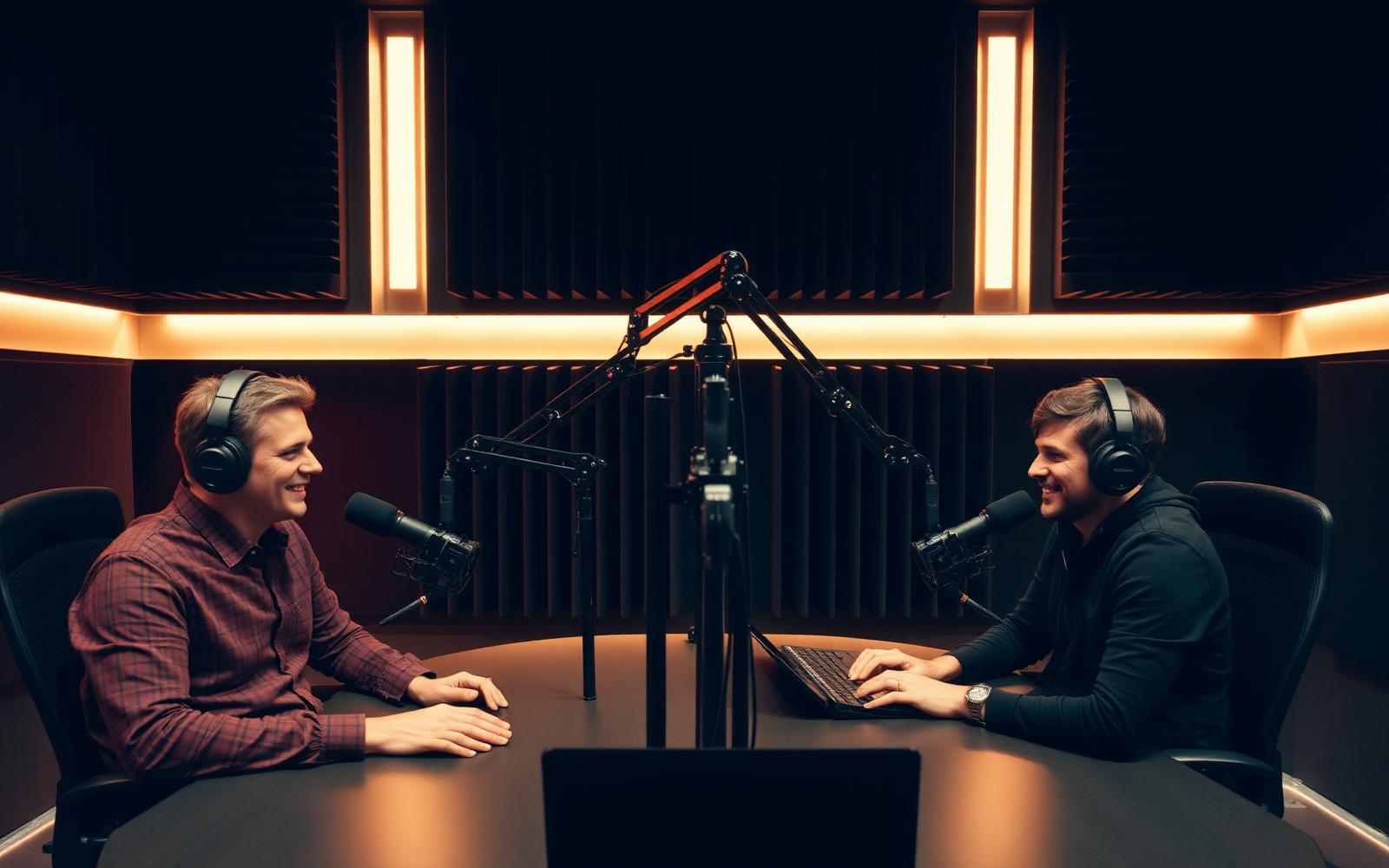 Two podcast hosts recording in a professional multicamera studio
