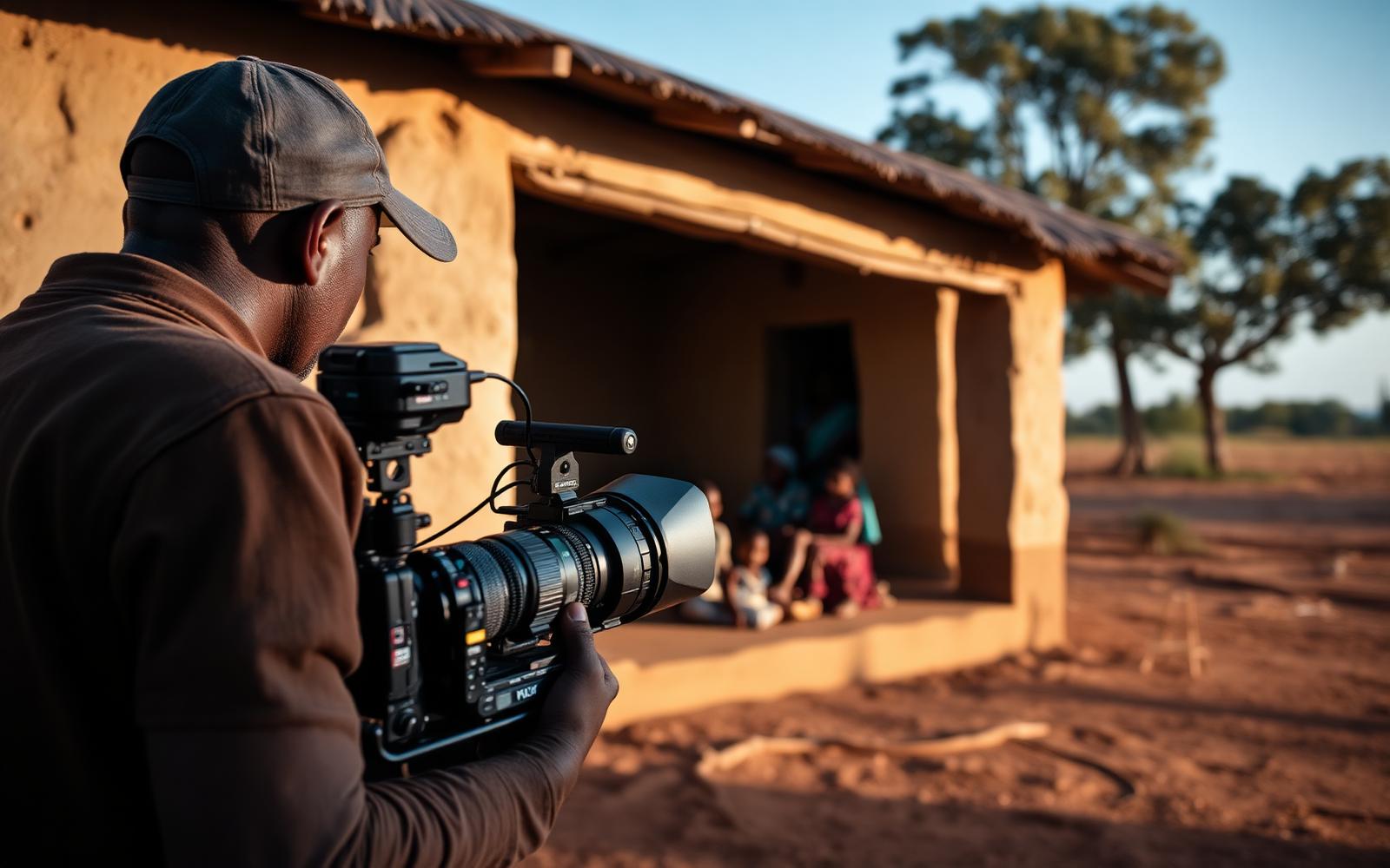 Filmmaker recording a family outside their home during field production